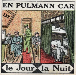 Ferrocarriles: dentro del vagón Pullman. Ilustración anónima de 1925. Colección privada.