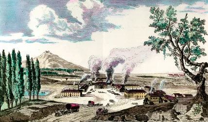 La fundición real en el Creusot (Saona y Loira) en 1787. Fabricaba, entre otras cosas, el armamento del ejército francés. Grabado del siglo XVIII. Colección privada