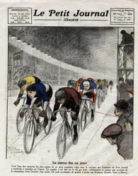 La carrera de seis días: Piet van Kempen (1898-1985), Alfred Grenda, Seres y Maurice Brocco (1883-1965) durante el sprint. Grabado en Le Petit Journal illustré, el 16/04/1922