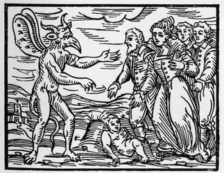 Los hechiceros presentan un niño al diablo - Compendium Maleficarum, trata sobre brujas, su maldad y sus sortilegios por Francesco Maria Guazzo (1608) Colección Privada