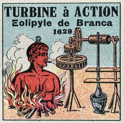 La máquina de vapor: turbina de acción. Eolipila inventada por Giovanni Branca (1571-1645) en 1629. Ilustración anónima de 1925. Colección privada.