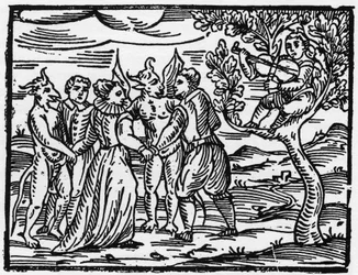 Las brujas en el Sabbath bailando al son del violín - “Compendium Maleficarum”, trata sobre las brujas, su maldad y sus sortilegios por Francesco Maria Guazzo o Guaccio o Guaccius (15?? -16??) 1608 Colección Privada