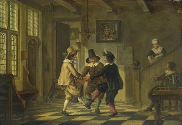 Tres hombres con trajes del siglo XVII bailando en una casa de fachada