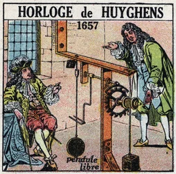 Tiempo: reloj de péndulo libre inventado por Christiaan Huygens (1629-1695) en 1657. Ilustración anónima de 1925. Colección privada.