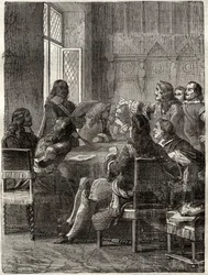 Tratado de Ryswick (El Tratado de Ryswick, 30 de octubre de 1697) (fin de la Guerra de la Liga de Augsburgo entre Luis XIV y la Gran Alianza). Grabado del siglo XIX. Colección privada.