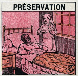 Rayos ultravioleta: para evitar cicatrices causadas por la viruela, los pacientes deben ser tratados en habitaciones o entrar solo luz roja, libre de rayos ultravioleta. Ilustración anónima de 1925. Colección privada.