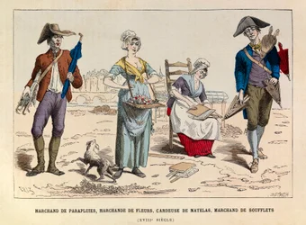 Vendedor de paraguas, vendedor de flores, cardador de colchones y vendedor de fuelles en París en el siglo XVIII - Colección privada