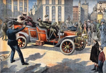 Métodos inusuales de la policía estadounidense para arrestar a conductores que cometen excesos de velocidad mientras conducen sus autos. Grabado del periódico "Le Petit Parisien", el 31/05/1908. Colección privada.