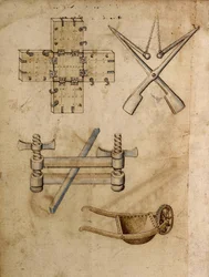 Varios objetos de ingeniería, incluyendo una carretilla - Manuscrito: hoja de pergamino de un manual de ingeniero para la construcción de edificios civiles, religiosos y militares, anónimo, finales del siglo XV (figura en tinta china)