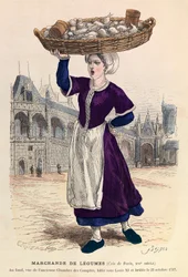 Vendedora de verduras en París en el siglo XVI (al fondo, vista de la antigua Cámara de Cuentas, construida bajo Luis XI y quemada el 27 de octubre de 1737) - Vendedora de verduras