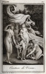 Cinturón de Venus: Mientras la batalla continúa beneficiando a los troyanos, Juno usa el cinturón de Venus para encantar a Júpiter y dormirlo. Grabado de 1819 en 