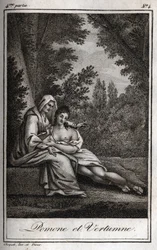 Vertumno y Pomona (Júpiter y Ceres): Vertumno, enamorado de la ninfa Pomona, se disfraza de anciana para acercarse a ella. Grabado de 1819 en "Lettres a Emilie sur la mythologie" de Charles Albert Demoustier (1760-1801). Colección privada.