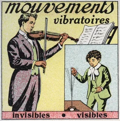 Movimientos vibratorios: movimiento invisible (sonido de cuerdas de violín) y movimiento visible (varilla de acero con dedo). Ilustración anónima de 1925. Colección privada.