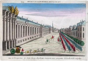Vista y perspectiva de la entrada del Rey de Polonia en Varsovia con su palacio