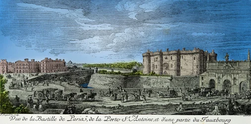 Vista de la Bastilla de París, la Porte Saint Antoine y parte del faubourg en el siglo XVIII, grabado, colección privada