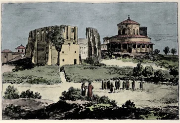 Vista de la Iglesia de Santa Constanza, mausoleo del Emperador Constantino construido en el siglo IV cerca de la Basílica de Santa Inés en Roma. Ilustración del siglo XIX