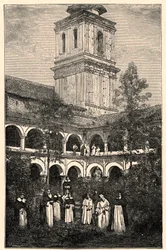 Vista del Convento Dominicano en Quito, Ecuador. Grabado en “Les Missions Catholiques au XIXeme Siecle” de Louis-Eugene Louvet. Colección privada.