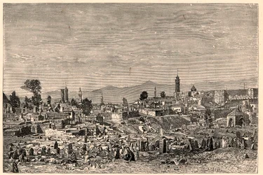 Vista de la ciudad de Erzurum (Erzeroum) en Armenia (ahora Turquía). Grabado en “Les Missions Catholiques au XIXeme Siecle” de Louis-Eugene Louvet. Colección privada.