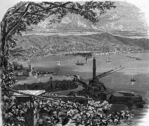 Vista de la ciudad de Génova, Italia. Grabado de 1859 en “Las galerías de Europa - Italia” por Armengaud. Colección privada.