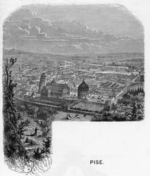 Vista de la ciudad de Pisa, Italia. Grabado de 1859 en “las galerías de Europa - Italia” de Armengaud. Colección privada.