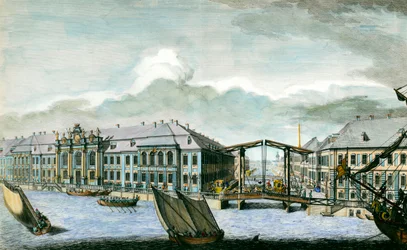Vista del antiguo Palacio de Invierno del Canal Moika y Neva en San Petersburgo, grabado del siglo XVIII. San Petersburgo, Biblioteca del Hermitage