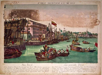 Vista del puerto de la ciudad de Nueva York en los Estados Unidos, a la izquierda un astillero. La desembocadura del río Hudson y la isla de Manhattan