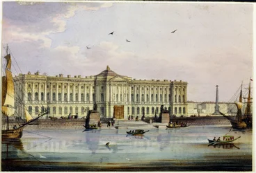 Vista exterior de la Academia Imperial de Bellas Artes (bellas artes) de San Petersburgo (Álbum de Marie Taglioni). (La Academia Imperial de las Artes de San Petersburgo (Álbum de Marie Taglioni). Aguafuerte y acuarela anónimos, década de 1840. Moscú, Muse