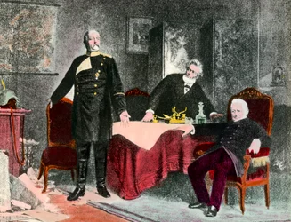 Guerra de 1870: entrevista política entre el canciller Bismarck (1815-1898), Jules Favre (1809-1880) y Adolphe Thiers (1797-1877). Grabado alrededor de 1870. Colección privada