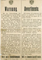 Advertencia tras la fuga de prisioneros de guerra italianos el 16 de febrero de 1916 pidiendo a la población austriaca que no los ayude