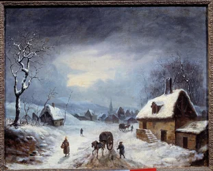 Paisaje de invierno. Un carruaje en un camino cubierto de nieve. Pintura anónima. Siglo XIX Colección privada
