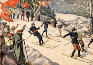 Deporte de invierno: Competencia de esquí en Chamonix en Haute Savoie en los Alpes, Francia. Banderas suizas y francesas animan a los esquiadores. Grabado del periódico "Le Petit Parisien"