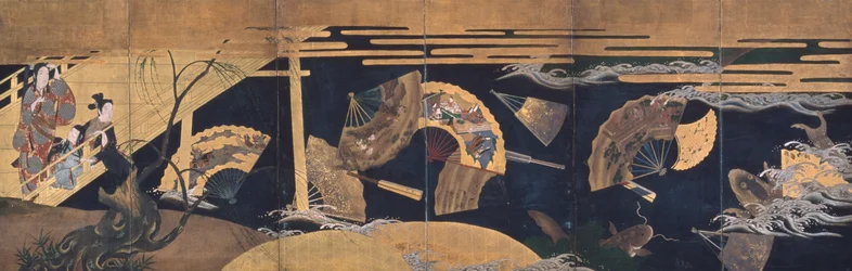 Mujer admirando abanicos flotantes, pantalla, período Edo