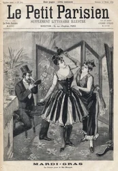 Mujeres preparando su disfraz detrás de una pantalla y un hombre probando su máscara en forma de trompa de elefante para el Baile de Máscaras de Mardi Gras. En "Le Petit Parisien" el 19/02/1893.
