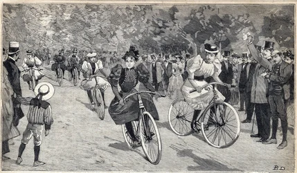 Carrera de mujeres velocipedistas en el Bois de Boulogne cerca de París. Grabado en "Le Petit Parisien" el 25/06/1893.