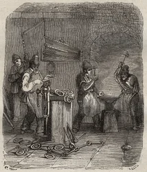 Fuerzas obreras en el Bagne de Rochefort en el siglo XIX. Grabado en “Histoire des bagnes depuis leur creación à nos jours” (1877) por Pierre Zaccone (1817-1895). Colección privada.