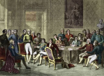 El Congreso de Viena en 1815. Alejandro I, Zar; H.R. Stewart, Castlereagh; Francisco I, Emperador de Austria; Federico Guillermo III, Rey de Prusia; Karl August, Príncipe de Hardenbergh; Wilhelm von Humboldt.