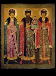 San Vsevolod Mstislavich, Príncipe de Pskov con Santos Boris y Gleb, principios del siglo XVII