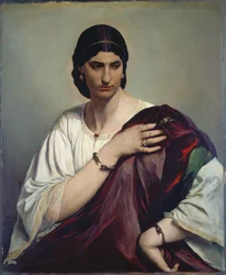 Lucrecia Borgia; retrato de una mujer romana con túnica blanca y manto rojo
