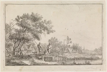 Tres pescadores en el puentecillo (n.º 7 de una serie de 12 estampas)