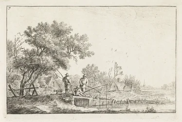 Tres pescadores en un puente Paisajes con edificios (título de la serie)