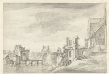 Vista de las ruinas en la orilla de un río (¿St. Walburgkerk en Arnhem?)