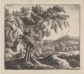 Paisaje con una casa junto a una pared rocosa