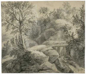Paisaje rocoso con un puente que cruza un arroyo