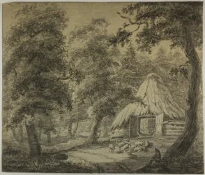 Cabaña de Paja en el Bosque con Pastor y Ovejas
