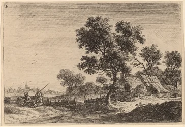 Tres Campesinos en una Loma fuera de una Aldea