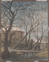 Paisaje invernal con un hombre cruzando