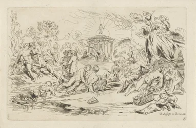 Ninfas y sátiros frente a un templo de Baco Bacanales (título de la serie)