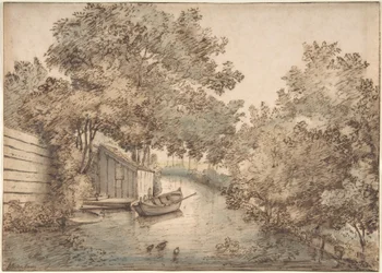 Canal con una barca y patos