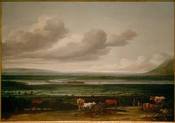 Paisaje del Bajo Rin cerca de Kleve con la fortaleza Schenkenschanz, Hoch y Niederelten