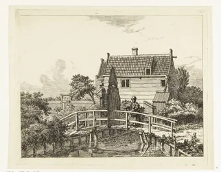 Jan Hanzenpad fuera de Raampoort (título sobre el objeto) Mujer con niño en un puente cerca de una puerta cerrada